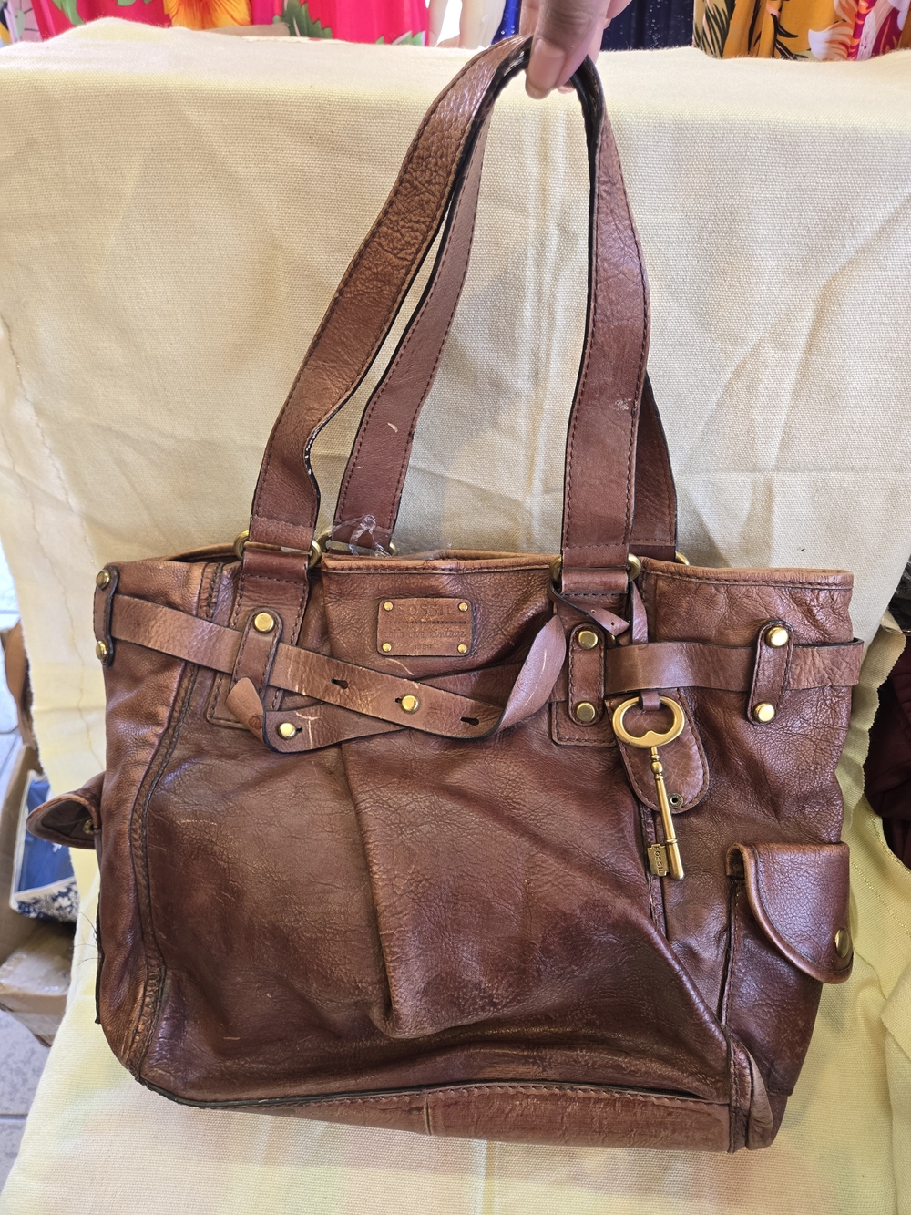 Fossil Brown Leather Tote with Key Charm